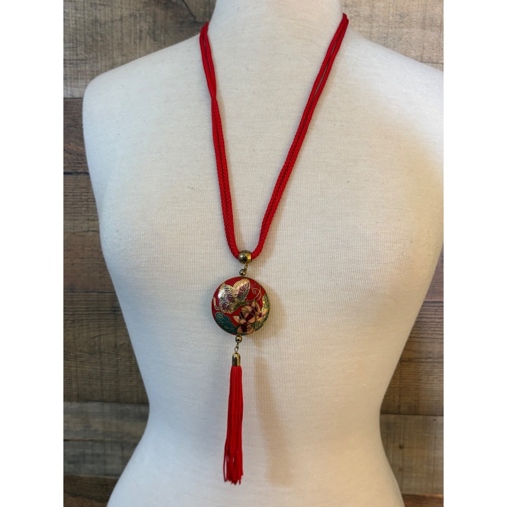 Red Cloisonne Butterfly Floral Tassel Pendant Cord Necklace